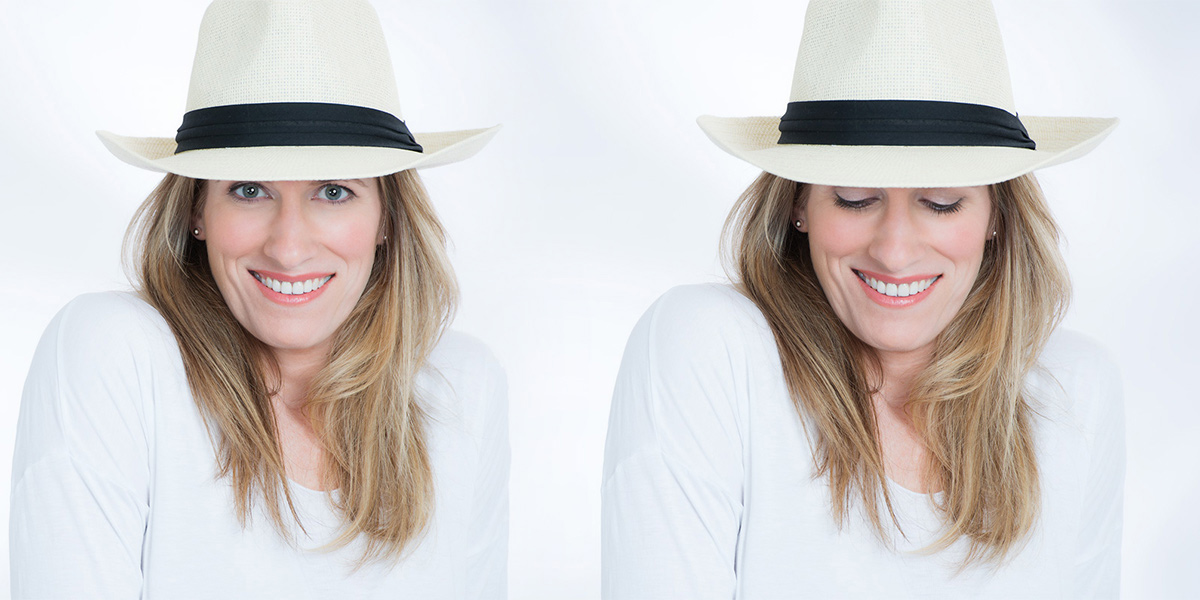 Female wearing a white hat and shirt shrugs her shoulders and laughs for the photographerat her Studio Headshots Session