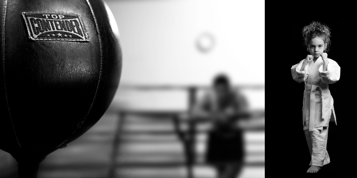 Contender Punch Bag Close Up beside Image of Young Karate Fighter are Shot for a Fitness Club Ad by Yungblut Studio Photography