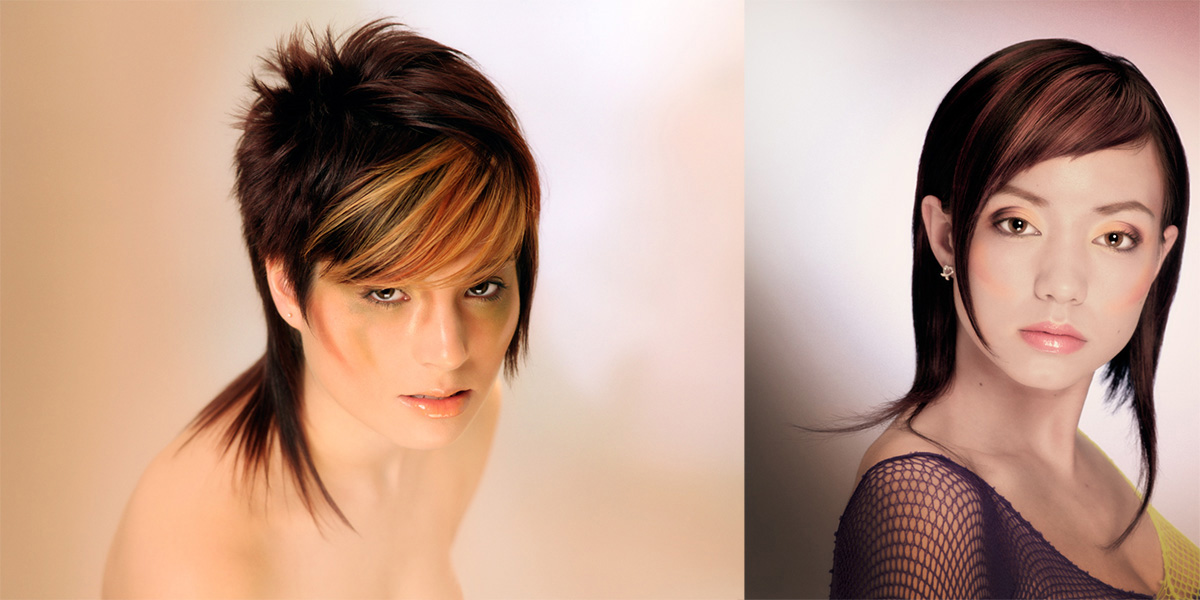 Beauty Headshots of models posing for Niagara Hair Salon POS Advertising, Yungblut creates Fashion Lighting against a Customized Backdrop